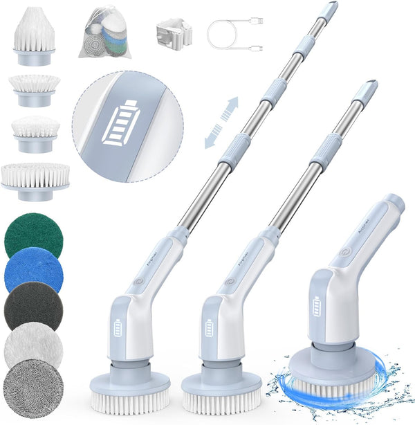 Electric Spin Scrubber, 2024 Upgraded IPX8 Cordless Cleaning Brush with 9 Replaceable Brush Heads, Detachable as Short Handle, Shower Cleaning Scrubber for Bathroom Tub Tile Kitchen Window