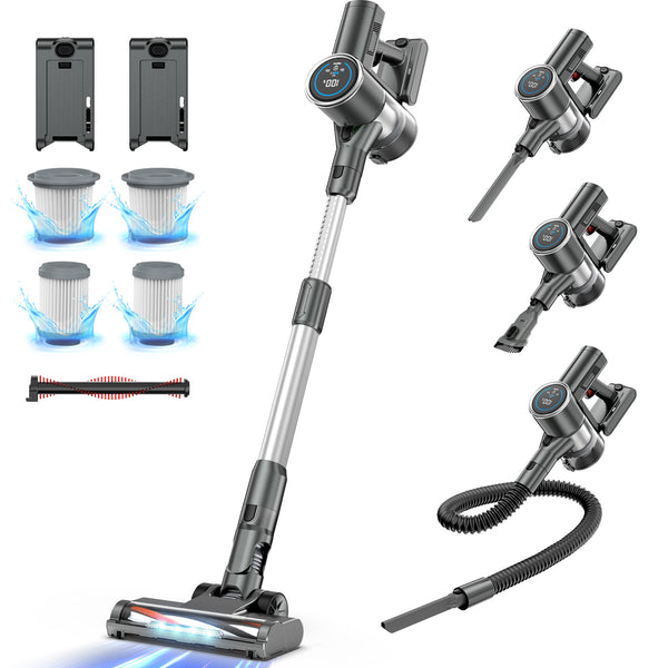 Cordless Vacuum Cleaner with 2 Batteries, 33 kPa 3-in-1 Powerful Section Vacuum with LED Display, Lightweight Stick Vacuum Cleaner with Detachable Battery for Pet Hair Carpet Hard Floor