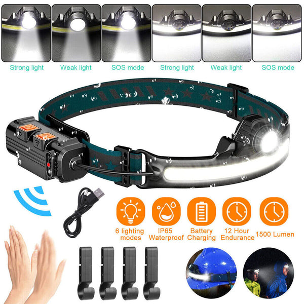 COB LED Headlamp Headlight Torch Work Light Bar Head Band Lamp USB Rechargeable