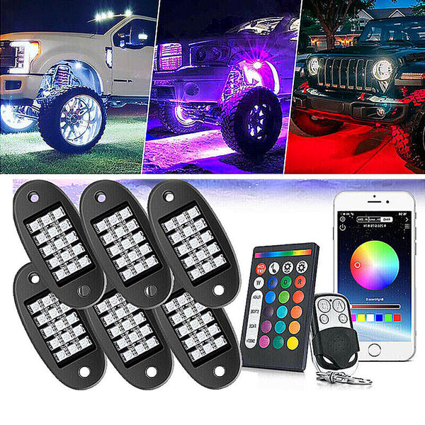 6PC RGB Rock Light For Truck ATV Off-Road Underglow LED Kit Foot Wheel IP68 Lamp