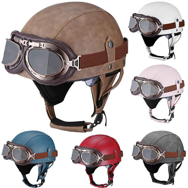 1x Leather Vintage Motorcycle Retro Half Helmet Beanie Scooter Cruiser w/Goggles
