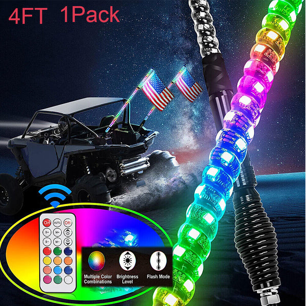 4FT Lighted Spiral RGB LED Whip Antenna w/Flag & Remote For ATV Polaris RZR UTV